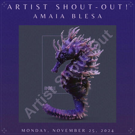 A digital artwork featuring a fantastical seahorse with a vibrant purple color and intricate details resembling coral. The seahorse has elongated fins and a curled tail, set against a dark background. The text at the top reads "ARTIST SHOUT-OUT!" followed