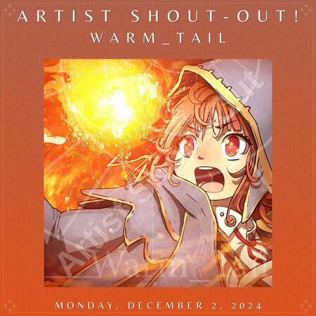 The image features an animated character with curly hair wearing a hooded cloak, casting a fiery spell. The character has wide eyes and an open mouth, expressing fear as they direct a bright, glowing orb of fire from their hand. The background is filled wi