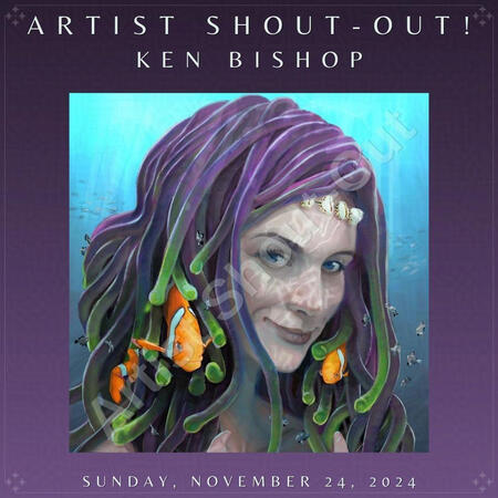 The image features a vibrant artwork by Ken Bishop where a person's hair is transformed into flowing strands of anemone, colored in shades of purple and green. Clownfish are nestled among the strands, adding vibrant orange hues to the composition. The back