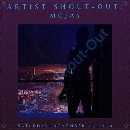 The image features a promotional graphic for an artist shout-out. The background shows a cityscape at dusk, with a silhouette of a figure standing by a window, holding a green drink. The text at the top reads "ARTIST SHOUT-OUT!" followed by the name "LUKE