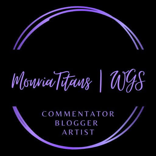 The image features a circular logo with a black background. In the center, the text "MonriaTitans | WGS" is displayed in a stylish light purple font. Below this, the words "BLOGGER STREAMER ARTIST" are written in a smaller, purple font. The design includes